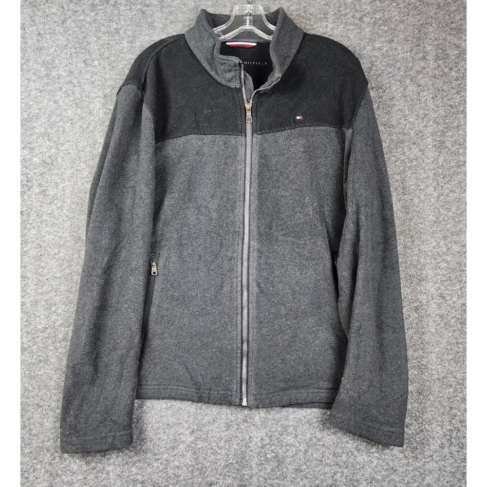 Tommy Hilfiger Fleece Jacket Mens L Gray Black Colorblock Full Zip Mock Neck